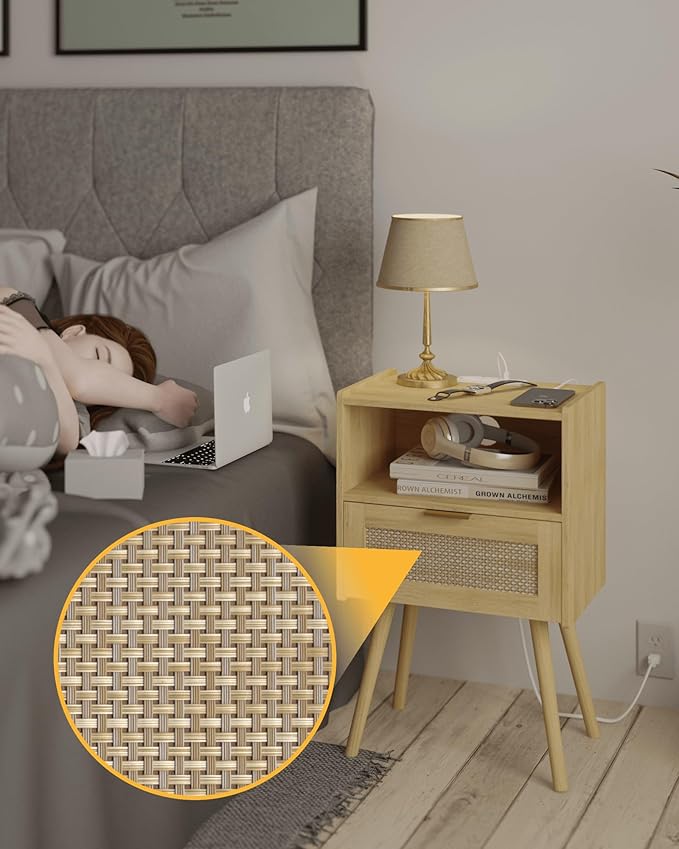 Rattan Nightstand with Outlet, Modern Bedside Table with Storage Drawer and - Image 5