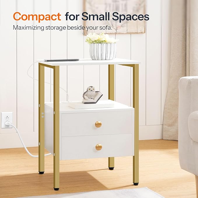 HOOBRO End Table with Charging Station, Bedside Table with 2 Drawer & USB Port - Image 7