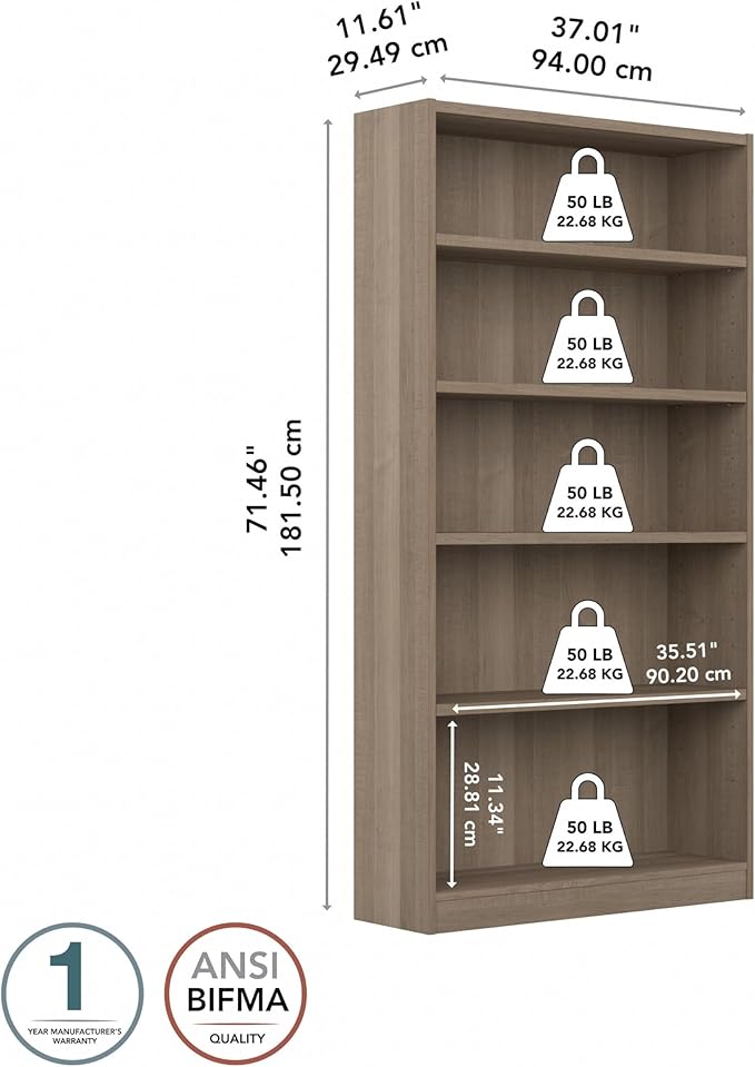 Bush Furniture Universal Tall 5 Shelf Bookcase in Ash Gray - Image 3
