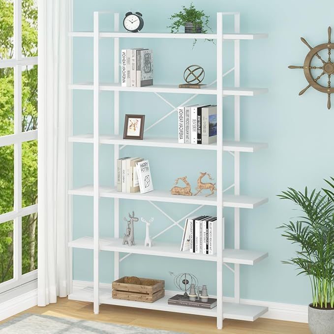 HSH 6 Tier Tall White Bookshelf, Industrial Modern Vertical Metal and Wood by HOMESWEETHOME