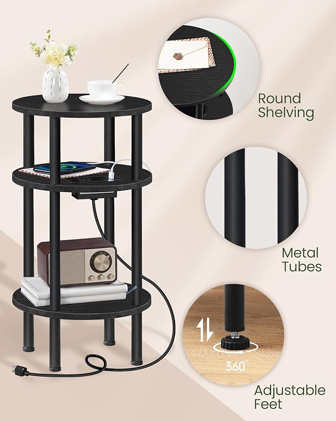 Small Round Side Table with Charging Station, 3-Tier Round End Table - Image 7