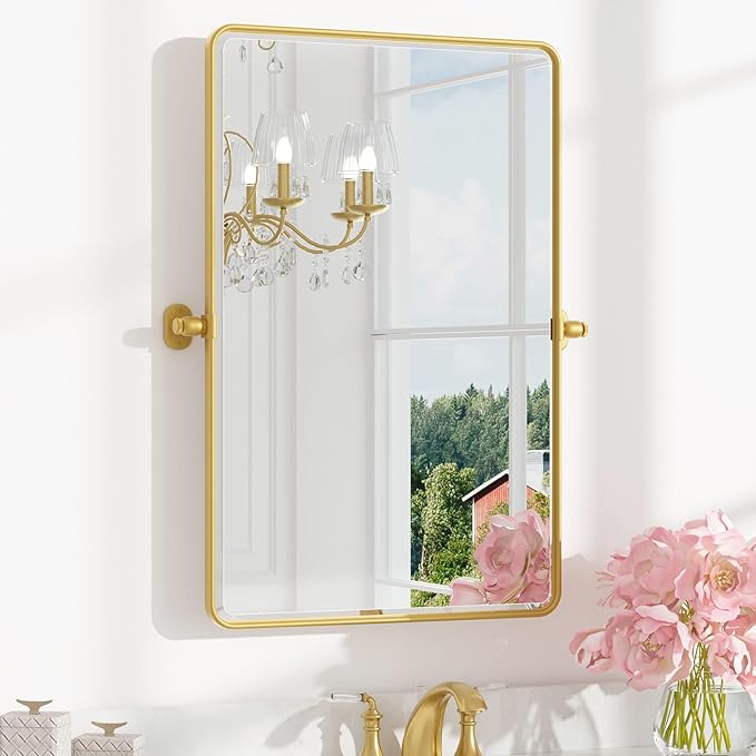 Keonjinn 24 x 36 Inch Pivot Mirror Bathroom, Brushed Gold Beveled Pivot by Keonjinn