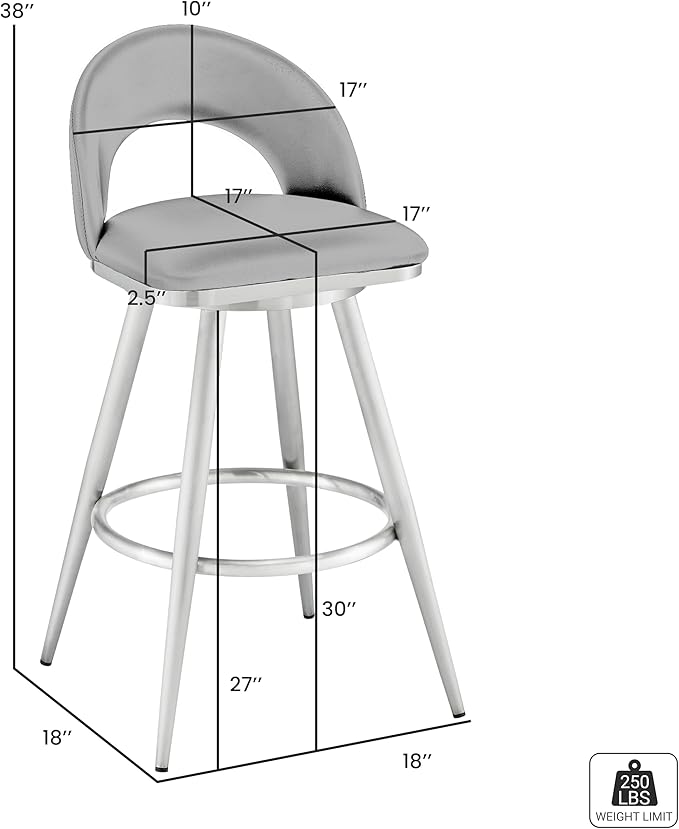 Armen Living Charlotte Swivel Bar Stool in Brushed Stainless Steel - Image 3