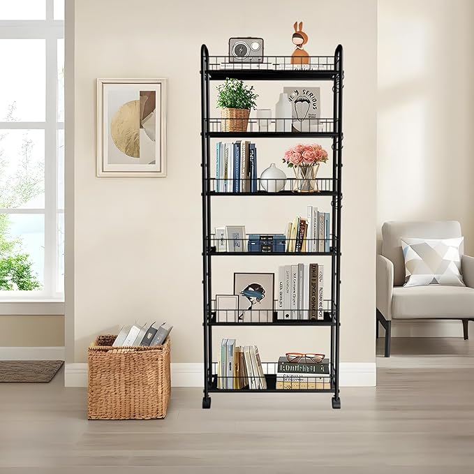 Slim Storage Cart with Wheels, 6-Tier 6in Black Narrow Rolling Shelf, Sturdy - Image 4