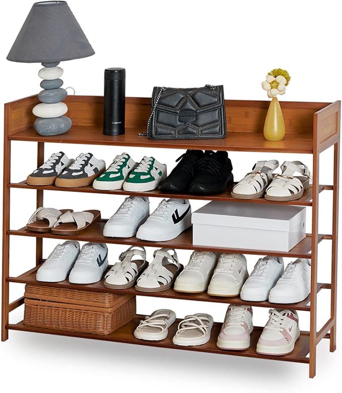 Bamboo Shoe Rack Organizer, 5 Tier Shoe shelf Storage Organizer, by Suwoic