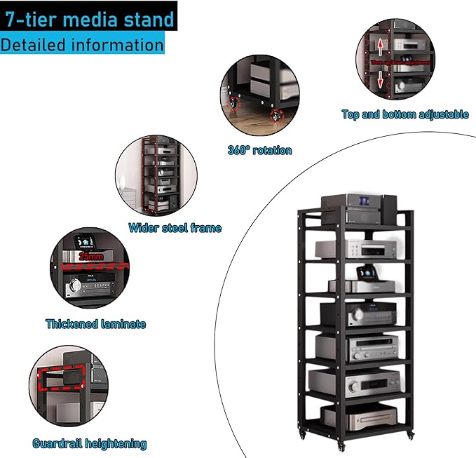 7 Tier Audio Rack Tower, CD Record Player Stereo Receiver AV Equipment Cabinet - Image 3