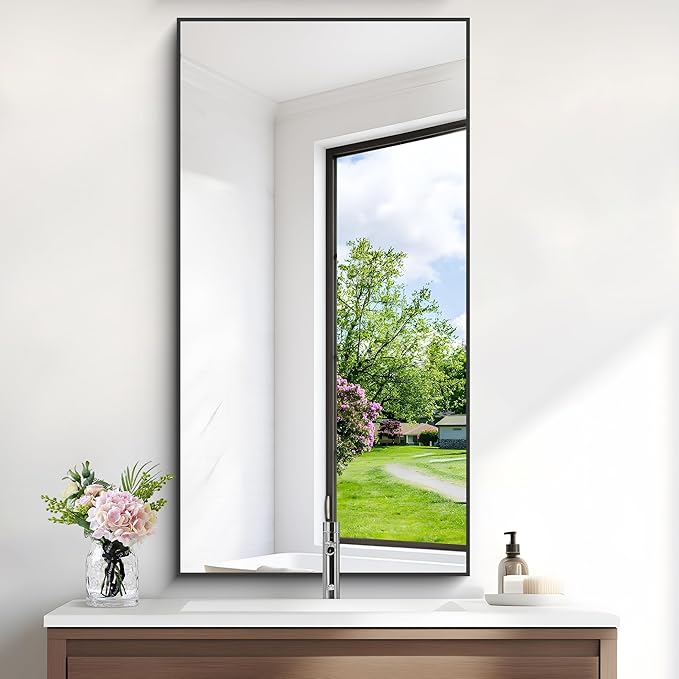 48x24In Black Bathroom Mirror for Wall, Rectangle Mirrors by Welcometocofeny