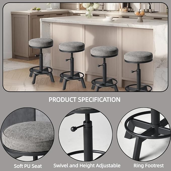 Vintage Bar Stools | Kitchen Island Counter Stool | Swivel Pu Seat | Extra - Image 5