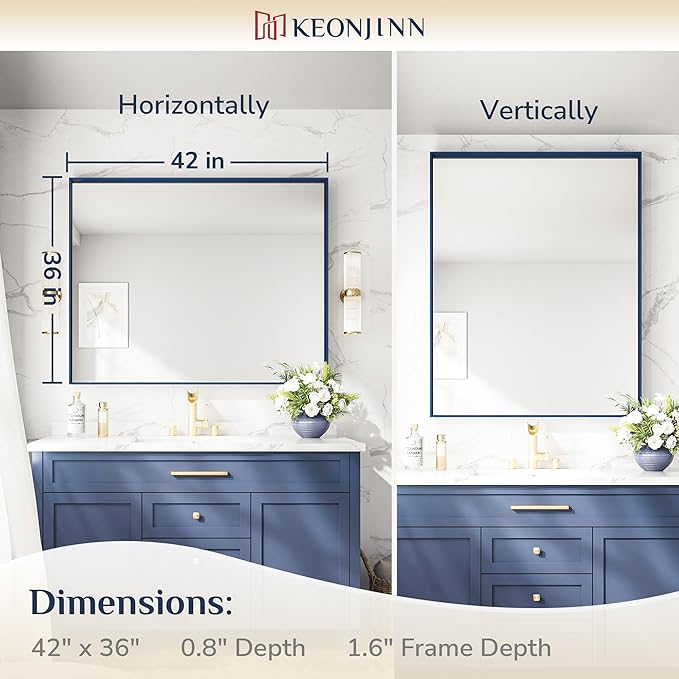 Keonjinn 42 x 36 Inch Blue Framed Mirror Bathroom Vanity Mirror - Image 7