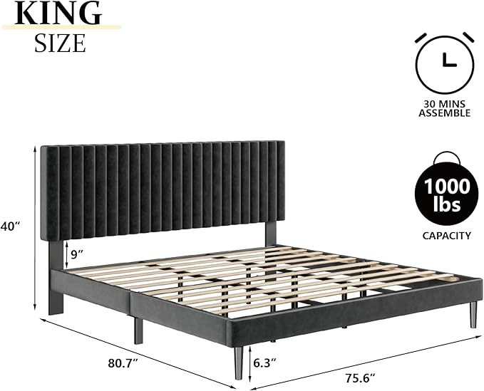 King Size Bed Frame with Velvet Upholstered Headboard, Platform Bed with Strong - Image 2