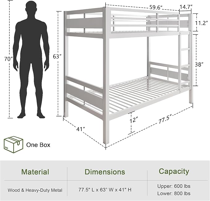 Feonase Metal Bunk Bed Twin Over Twin - Image 2