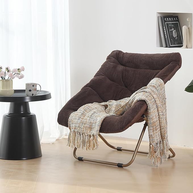 Saucer Chair, Comfy Bedroom Chairs, Oversized Folding Faux Fur Chair, Foldable - Image 7