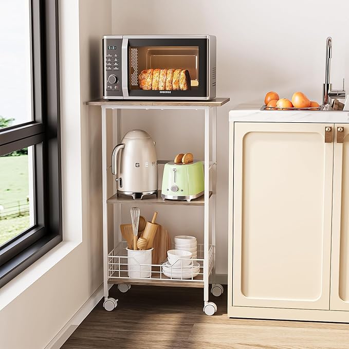 Microwave Cart with Storage, 3-Tier Rolling Kitchen Stand with Basket, Wood and - Image 4