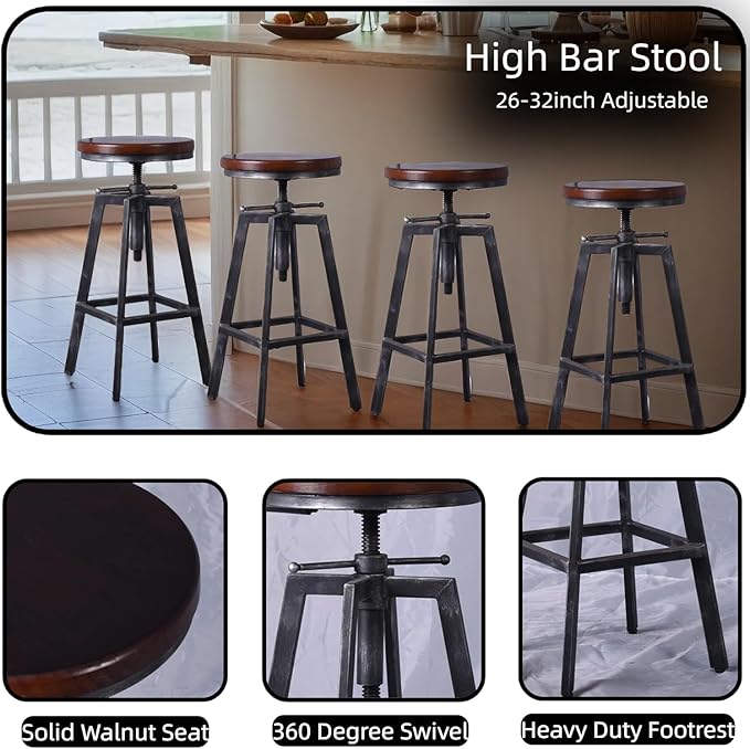 Set of 2 Industrial Bar Stools 25.6-30.5inch Counter Bar Height Adjustable - Image 4