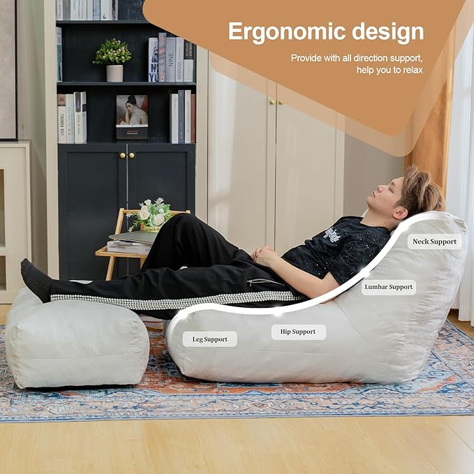 Bean Bag Chair with Ottoman, Comfy Bean Bag Sofa with Memory Foam, Lazy BeanBag - Image 5