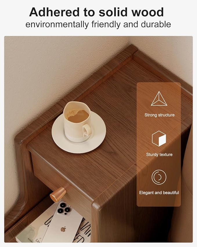 Narrow Nightstand with 3 Drawers, Solid Wood Small Nightstand Walnut, Modern - Image 4