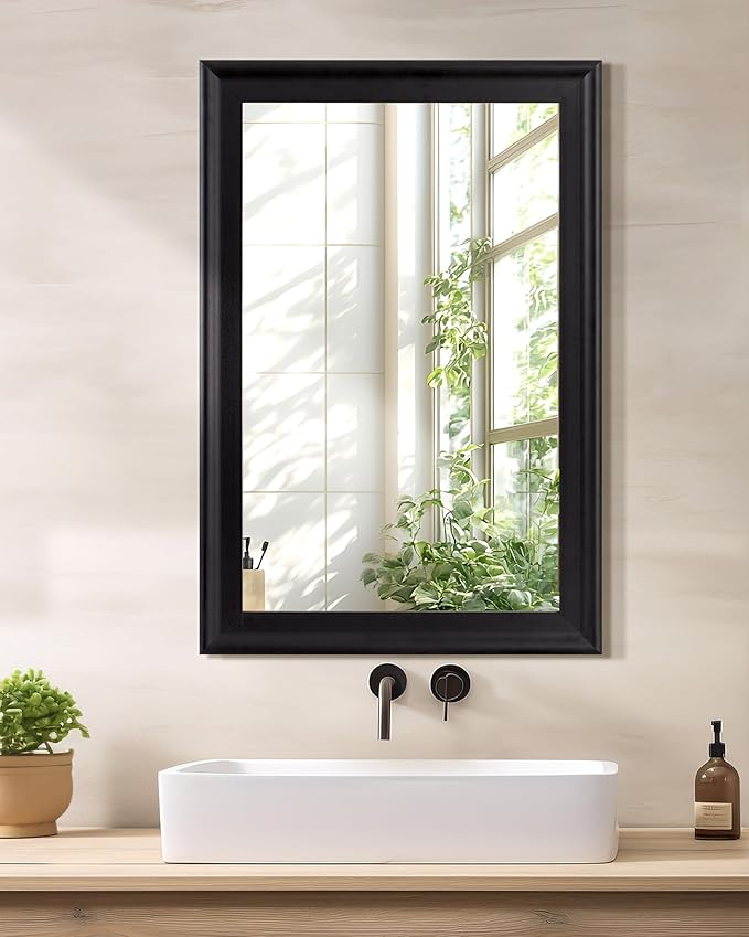 CULER Black Wood Wall Mirror for Bathroom, Rectangle Rustic 24 x 36 inch - Image 2