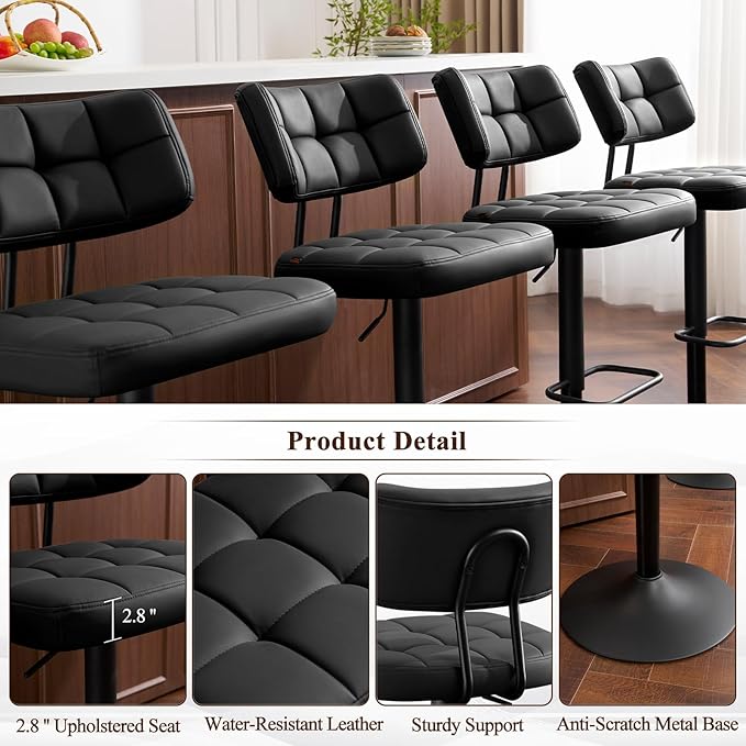 Furniliving Upholstered Bar Stools Set of 4, Faux Leather Swivel Bar Stools - Image 5