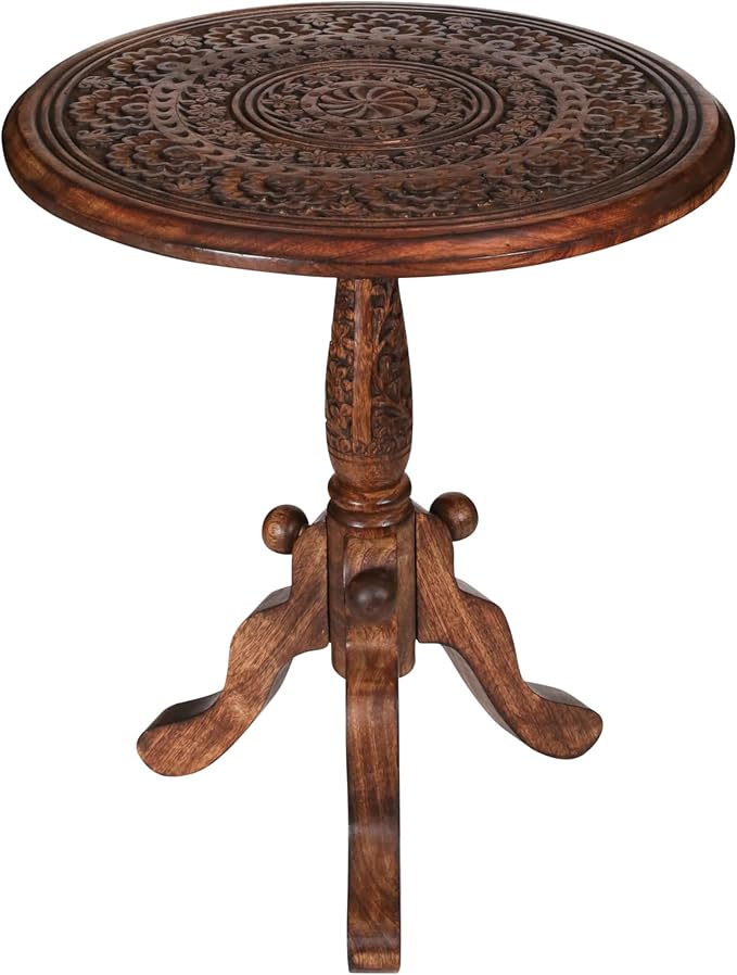 The Wooden Town Handcrafted Carved Round Side Table – 18x21 Inch Coffee Table by TheWoodenTown