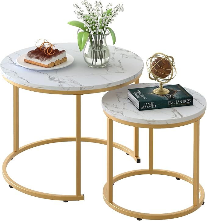 aboxoo Coffee Table Nesting White Set of 2 Side Set Golden Frame Circular Round by aboxoo
