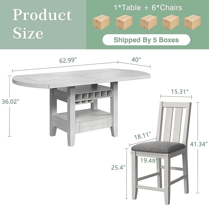 Solid Wood Dining Table Set for 6, Modern Breakfast Dinette Expandable Drop - Image 3