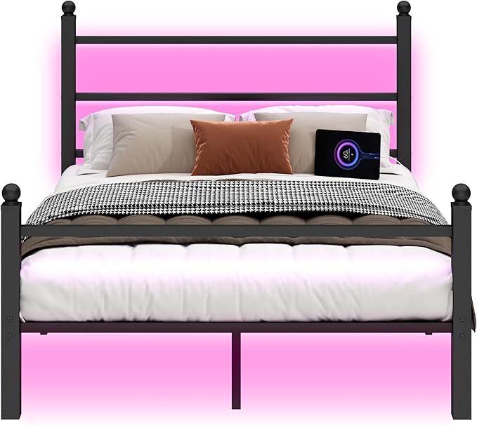 Queen Bed Frame with Headboard and Footboard, Steel Slats Support-LED Bed Frame - Image 8