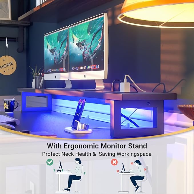 Computer Desk with USB Power Outlets and LED Lights, 55 inch Gaming Desk with - Image 6