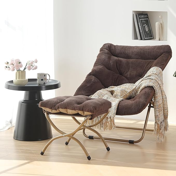 Saucer Chair with Ottoman, Oversized Folding Faux Fur Chair, Foldable Metal - Image 2