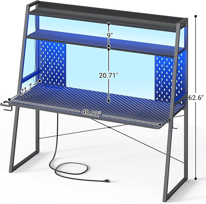 Gaming Desk with Hutch and LED Lights, Gaming Computer Desk with Power Outlets - Image 2