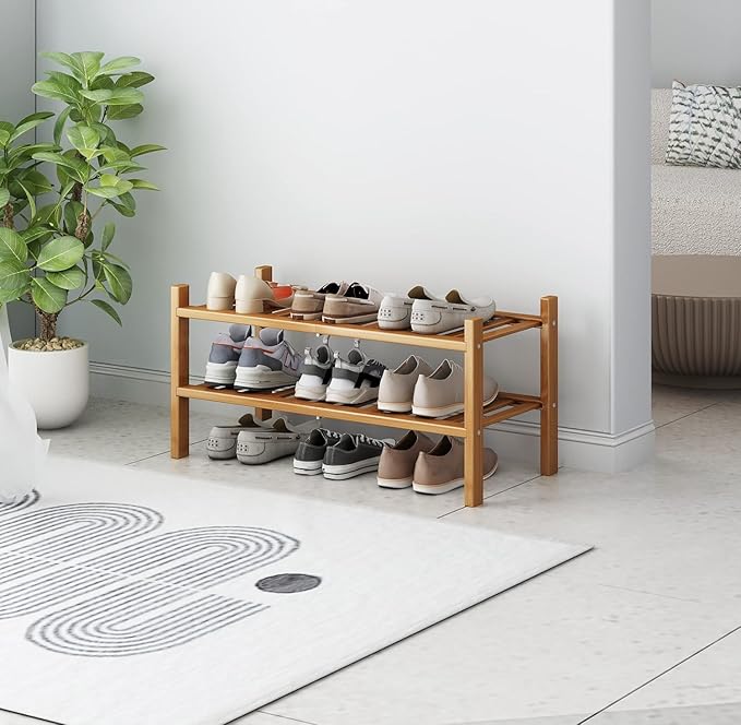 Bamboo Shoe Rack 2-Tier Organizer-Stackable Storage Shelf - Image 5