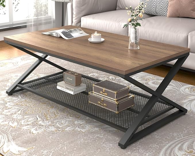 LVB Wood Coffee Table, Metal Wooden 2 Tier Center Tables by LVB