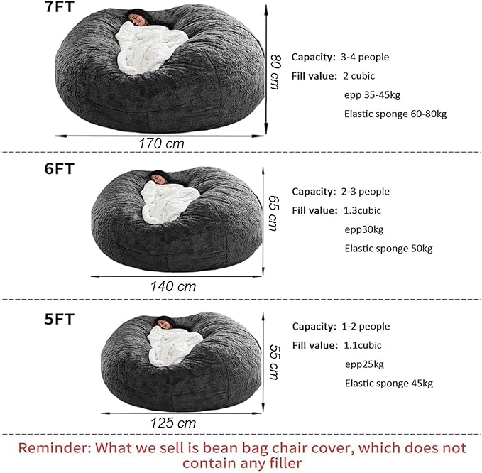 Bean Bag Chair for Adults Kids Without Filling Comfy Fluffy Giant Round Beanbag - Image 2
