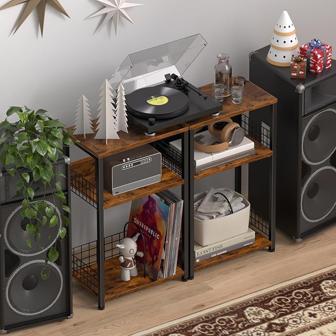 LELELINKY End Table with Storage, 3 Tier Record Player Stand with Vinyl Storage - Image 2
