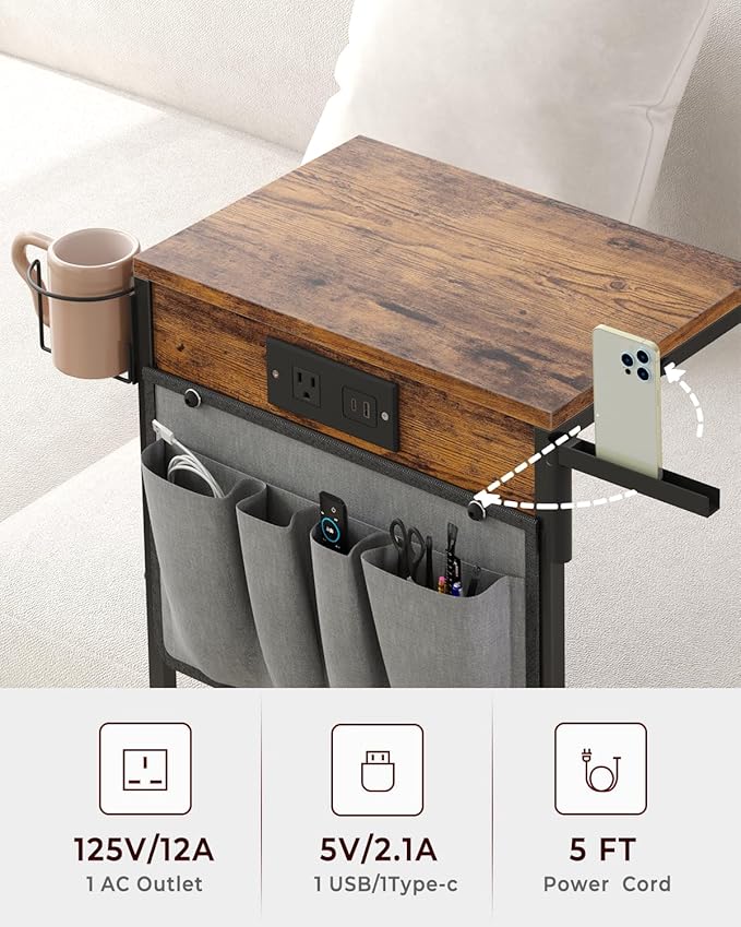 C Shaped End Table with Charging Station, Small TV Tray with Cup Holder and - Image 7