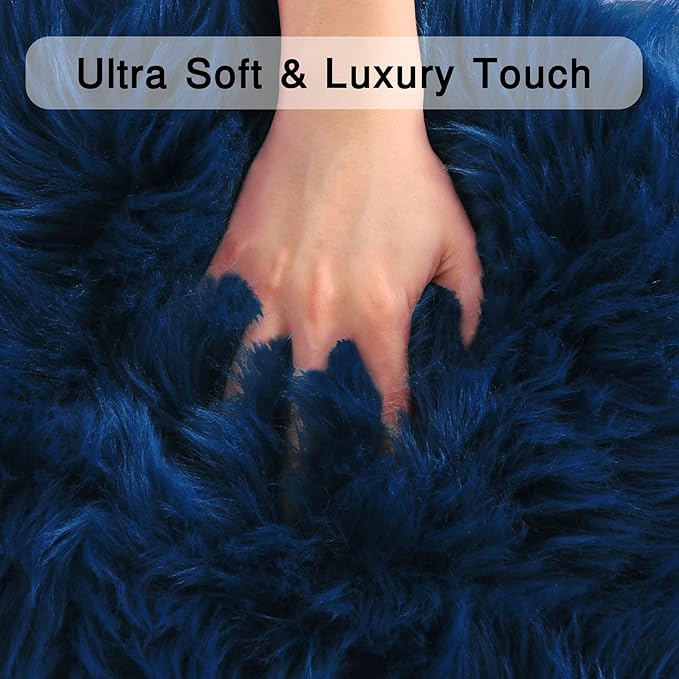 duduta Navy Blue Faux Sheepskin Runner Rugs 2x6 ft, Fluffy Shag Bedroom Bedside - Image 4