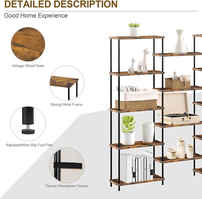 MOOACE 5 Tier Bookshelf, Industrial Style Bookcases - Image 3