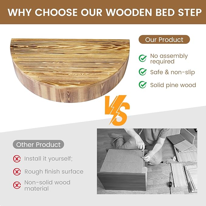 Solid Wooden One Step Stool, 5.2" High Semicircular Wood Bed Step - Image 4
