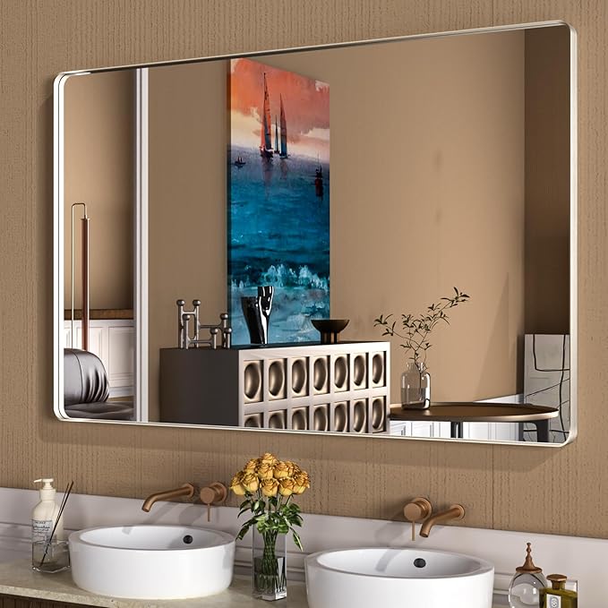 WEER 60X36 Inch Brushed Nickel Bathroom Mirror, Brushed Silver Metal Frame by WEER