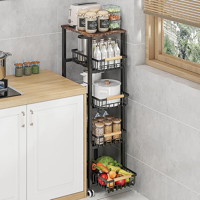 Kitchen Storage Cart Slim Rolling Cart On Wheels, 5-Tier Skinny Kitchen Island by STRANTHOTHER