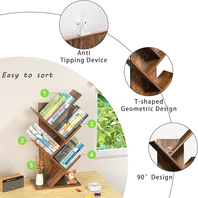 5 Tier Tree Book Shelf, Small Desktop Bookshelf - Image 6