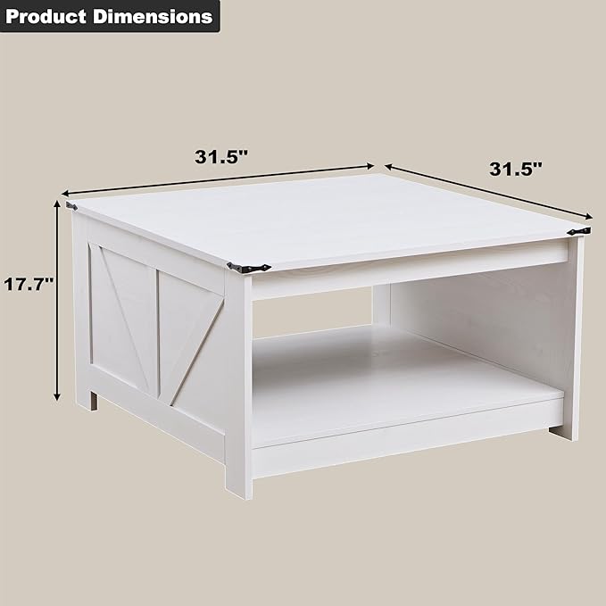 Farmhouse Coffee Table for Living Room, Wood Square Coffee Tables, 31.5" W x - Image 2
