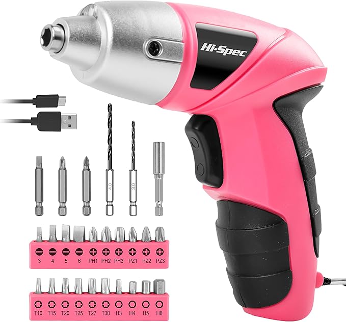 Hi-Spec Electric Screwdriver 27pc 3.6V Pink USB Small Power Screwdriver Set. by Hi-SpecToolsUSA