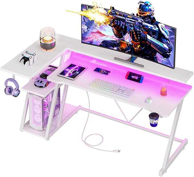 55 Inch White Gaming Desk with Power Outlet & LED Lights, L Shaped Computer by Korfile