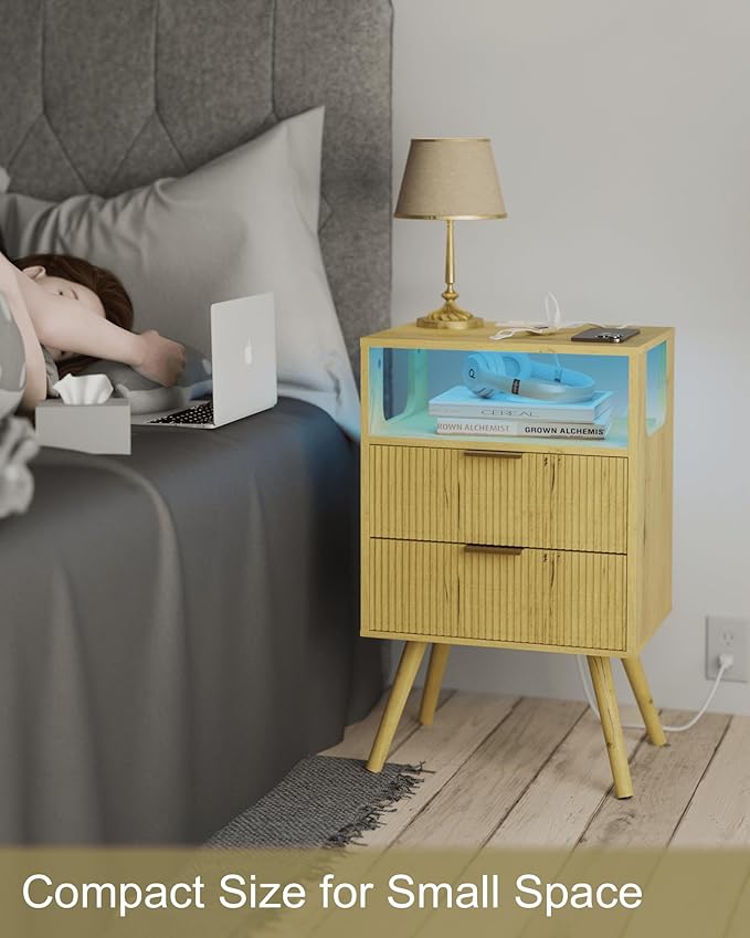 Nightstand with Charging Station and LED Lights, Modern Bedside Table with 2 - Image 7