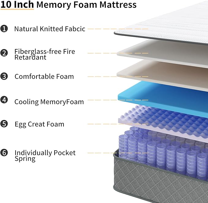 Mattress Double Mattress, 10 Inch Hybrid Memory Foam Firm Full Size Mattres - Image 3