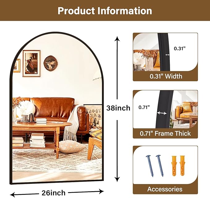 26"x38" Arched Wall Mirror for Bathroom, Living Room, Decorative Hanging Mirror - Image 4