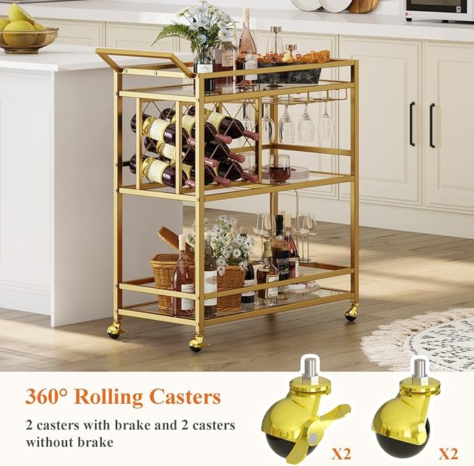 FATORRI Bar Cart Gold, Home Bar Serving Cart - Image 4