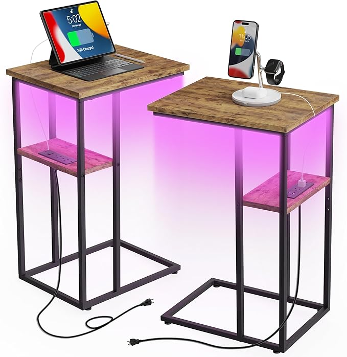 Innerjoin Side Table with Charging Station Set of 2, C Shaped End Table with by InnerJoin