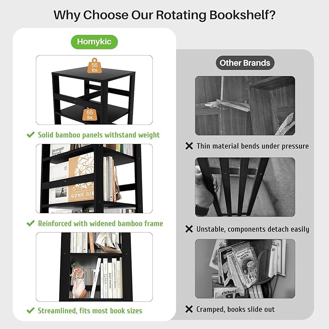Homykic Rotating Bookshelf, Bamboo 360 Display Spinning Bookshelf Tower - Image 9