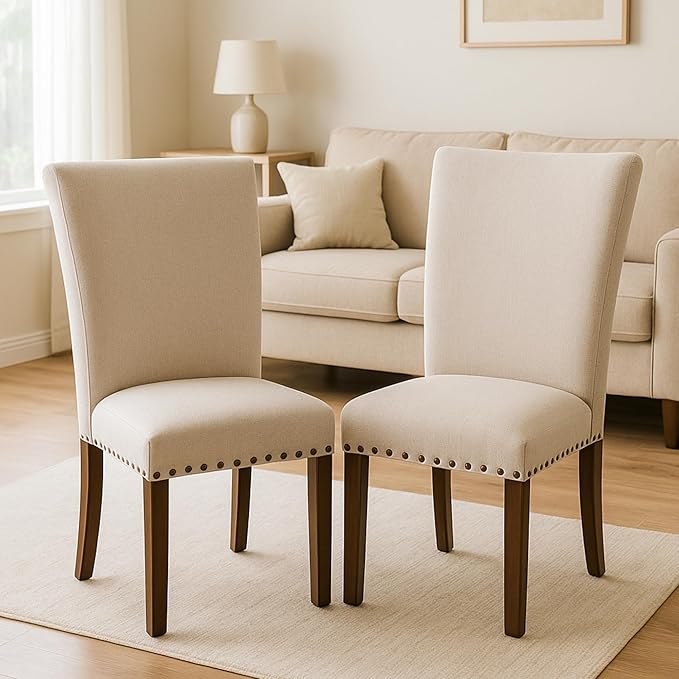 Set of 4 Beige Upholstered Dining Chairs, Farmhouse Kitchen Chairs - Image 8